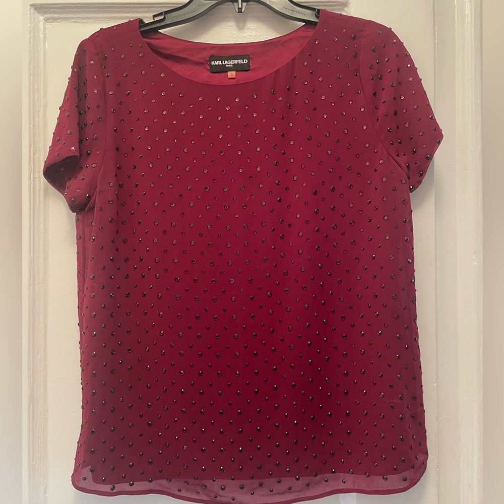 Karl Lagerfeld Paris Embellished Jewel-Studded Top – Berry (Size S)
